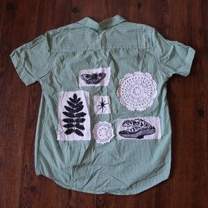 Upcycled Joe Fresh Green Button Down Shirt with Artistic Patchwork Back Design